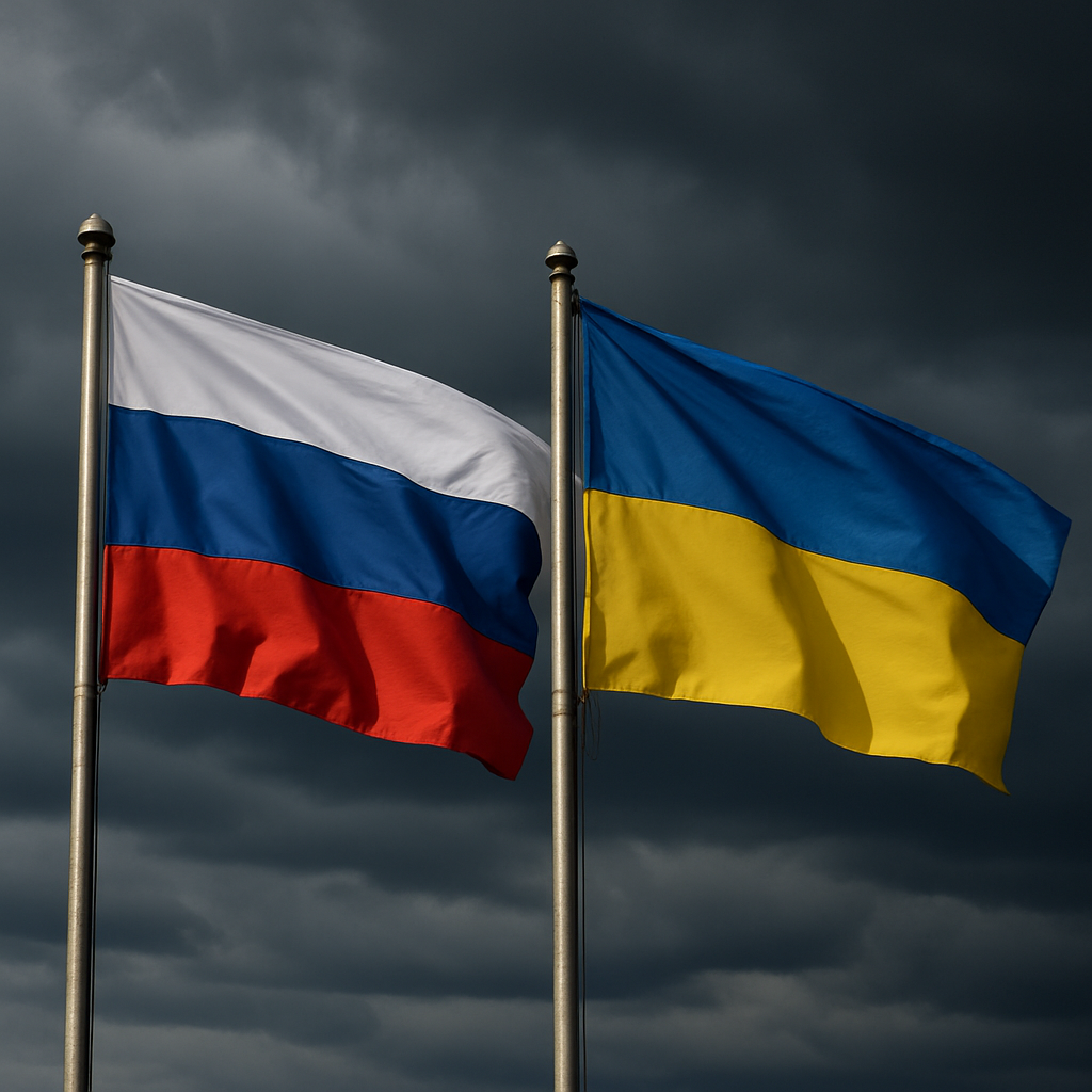 флаги России и Украины на фоне долгосрочного конфликта