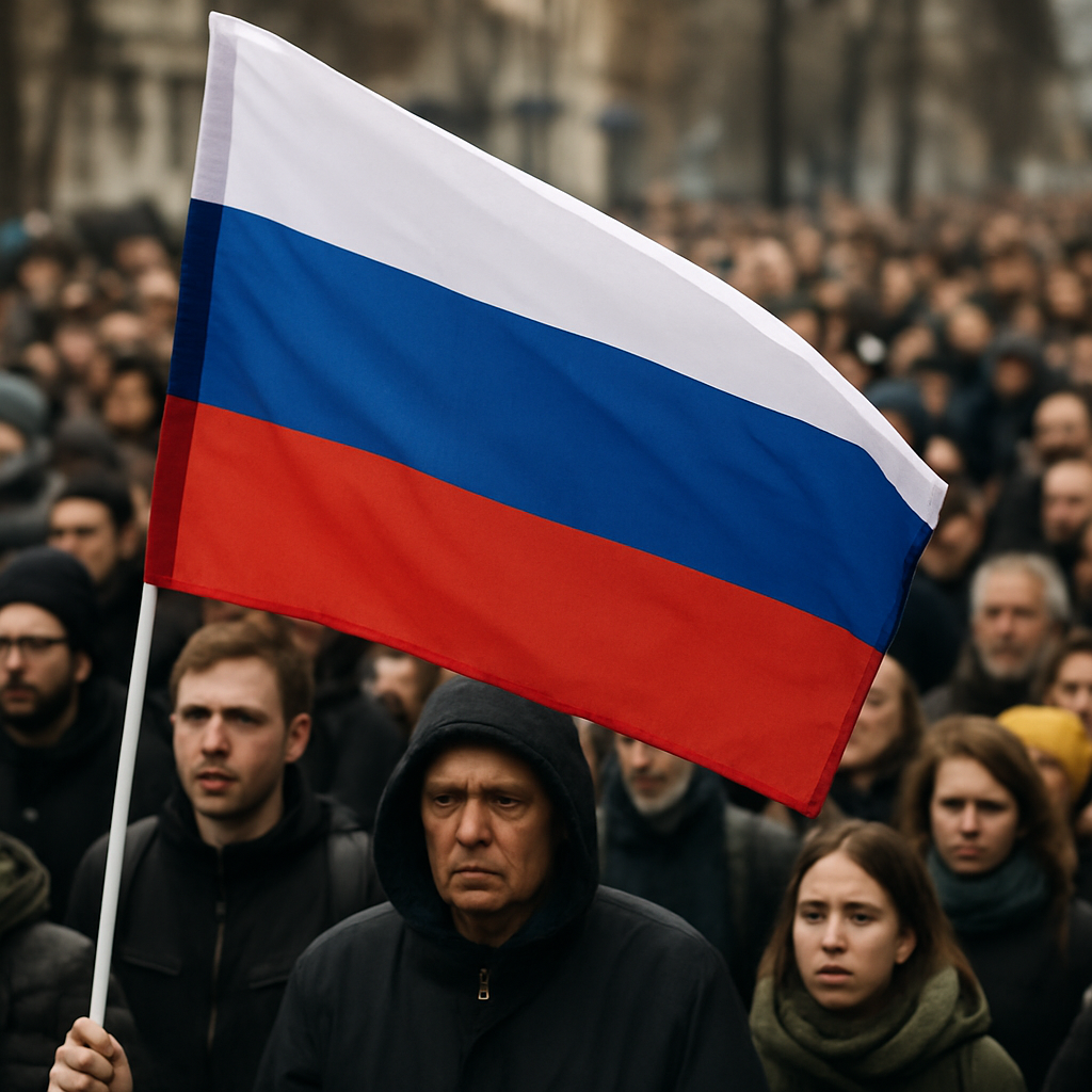российский флаг с протестующими на фоне