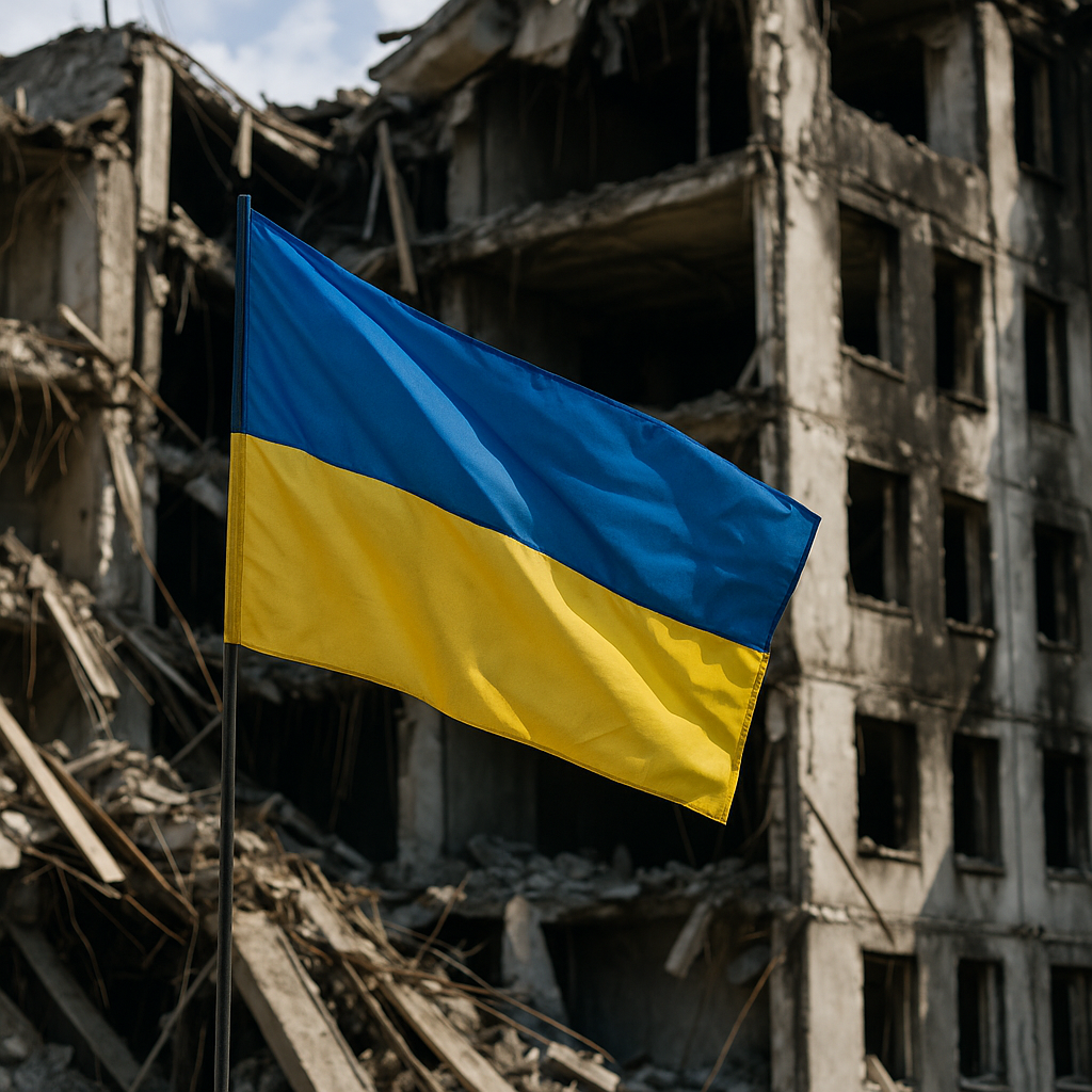 украинский флаг на фоне разрушенного здания