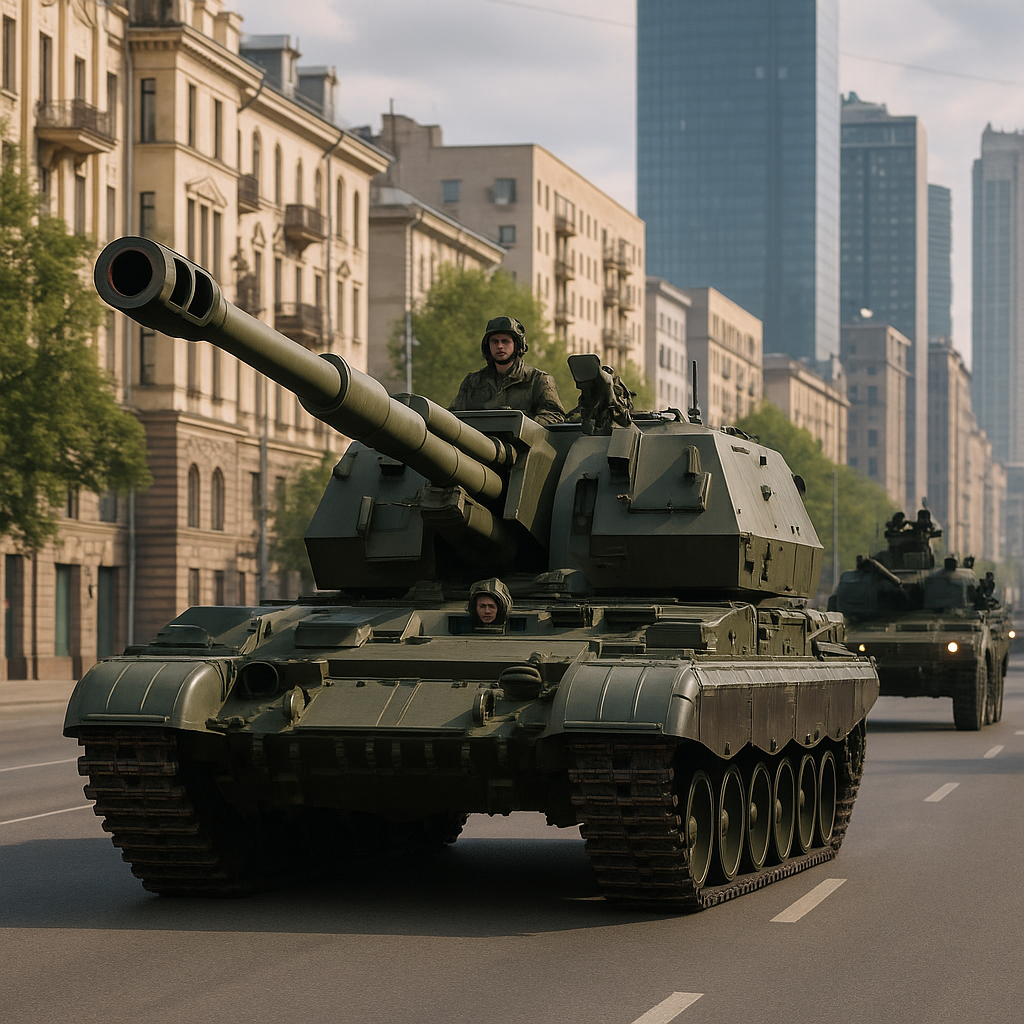 военная техника на фоне городского пейзажа